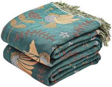 XIBLC Boho Throw Blanket, 100% Cotton Ultra Soft Luxury Throw Rustic Quilt, 80"x90" Floral Printed Farmhouse Decor Bed Summer Blankets, All Season Rustic Reversible Bohemian Throw for Bed - Blue