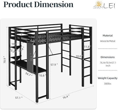 Full Size Metal Loft Bed with Desk and 2 Built-In Ladders, Black