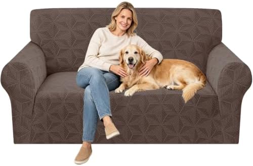 ZNSAYOTX Stretch Couch Cover, 1 Piece Sofa Covers for 2 Cushion Couch, Jacquard Loveseat Slipcovers with Elastic Bottom Thickened Furniture Protector for Dog Cat Pet (Medium, Brown)