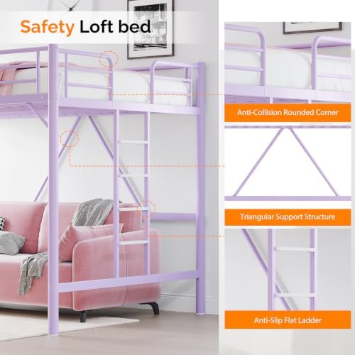 VINGLI Queen Loft Bed with Flat Rungs for Adults, Kids and Young Teens, No Box Spring Required,Heavy Duty Metal Slat Support, Purple