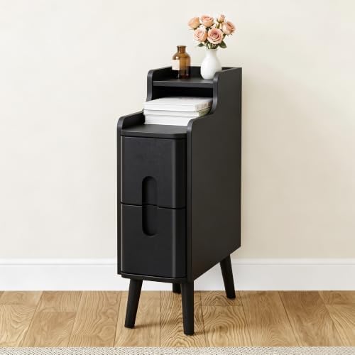 FurSch Narrow Nightstand, Wooden Small 2 Drawer Night Stand (Black-1 pc)