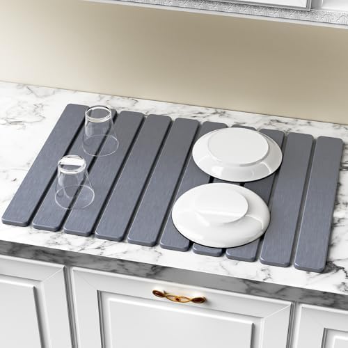 Large Foldable Stone Dish Drying Mat for Kitchen Counter -Dark Gray 24"×16"