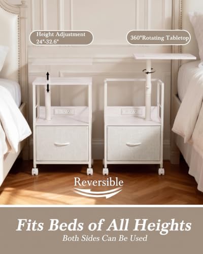 Faesun Night Stand with Charging Station & Swivel Top, White