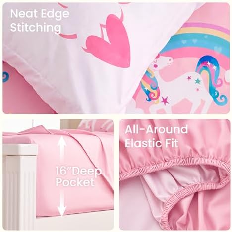 Joiedomi Kids Comforter Set Bedding Set for Boys Girls Super Soft Microfiber Bed in a Bag with Comforter Sheets Pillowcase Sham, Pink Unicorn Rainbow, Twin