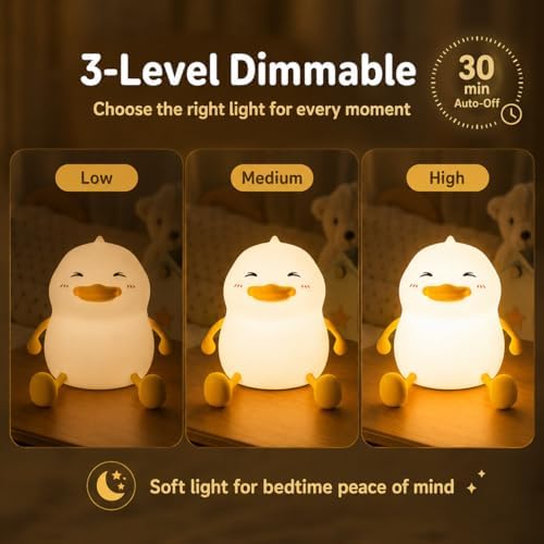 Fat Duck Night Light, LED Squishy Novelty Animal Night Lamp, Food Grade Silicone 3 Level Dimmable Nursery Nightlight for Desk Decor, Funny Gifts Stuff for Boys Girls Baby, White Elephant Gifts