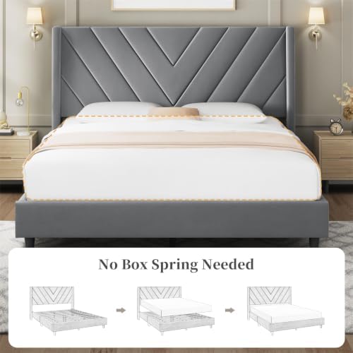Yaheetech Queen Bed Frame with Chevron Channel-Tufted Headboard, Light Grey