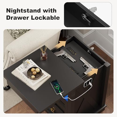 Farmhouse Nightstand with Gun Drawer,Bedside Table with Charging Station and Human Body Senor,3 LED Lights Night Stand with 3 Drawers and Open Shelf,End Side Table for Bedroom(Black)
