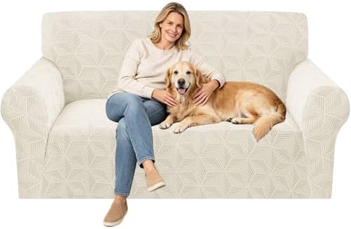 ZNSAYOTX Stretch Couch Cover, 1 Piece Sofa Covers for 2 Cushion Couch, Jacquard Loveseat Slipcovers with Elastic Bottom Thickened Furniture Protector for Dog Cat Pet (Medium, Beige)