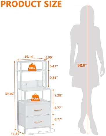 Furnulem White Nightstand, Tall Night Stand with Charging Station
