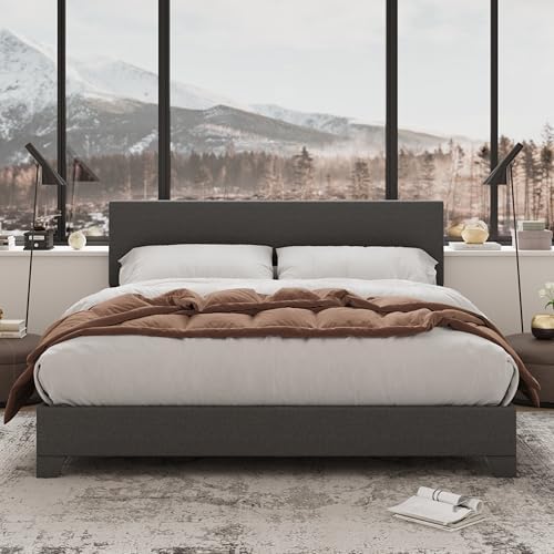 Allewie Full Size Upholstered Bed Frame Adjustable Headboard, Dark Grey