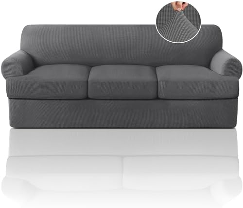 PrinceDeco T Cushion Sofa Slipcover 4 Pieces Sofa Covers for T Cushion Couch Soft Sofa Slip Covers Furniture Protector with 3 Individual T Shape Seat Covers (70"-88") Washable, Grey