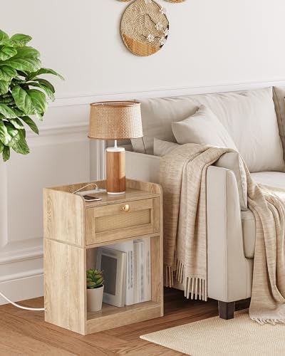 CHOEZON Nightstand with Charging Station, Side Table with Rattan-Style Drawer and Storage Shelf, Modern Rattan Night Stand with 2 USB Ports, Boho End Table Bedside Table for Bedroom, Natural MBZ01UWO