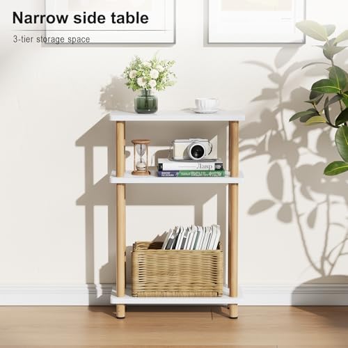 Apicizon Small Narrow Side Table, 3-Tier End Table, White Natural