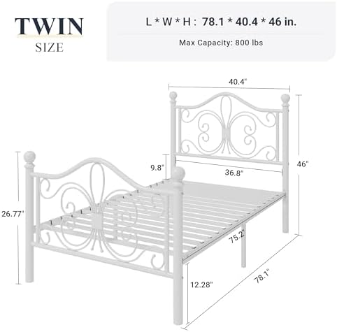 Allewie Metal Twin Platform Bed Frame, Butterfly Pattern Design, White