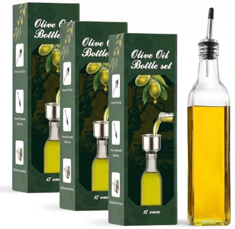 AOZITA Glass Oil Dispenser Bottle, 500ml | Pack of 3 | Includes Pourers and Funnel | Clear Design | For Kitchen