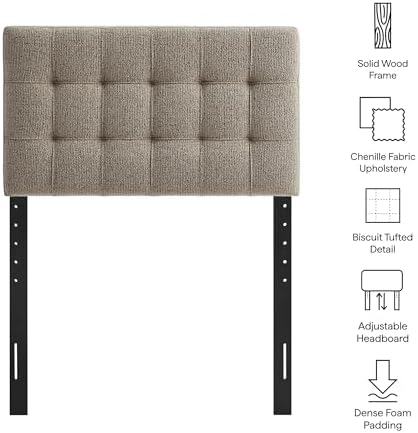 Modway Lily Twin Size Headboard with Biscuit Tufting in Taupe - Fabric Upholstery with Padded Design and 5 Height-Adjustable Mounts