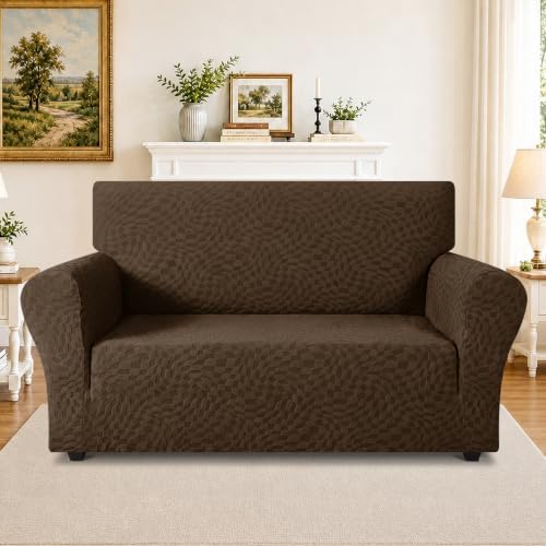 ZNSAYOTX 1 Piece Stretch Loveseat Covers for 2 Cushion Couch (55"-71"), New Plaid Couch Cover with Non-Slip Buckle for Dog Pets, Soft Cozy Washable Sofa Slipcover Form Fit Protector, Coffee