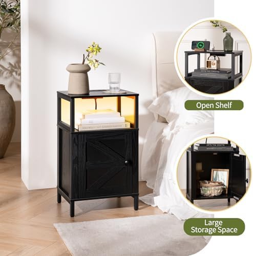 Yoobure Farmhouse Nightstand with Charging Station, Night Stand Barn Door