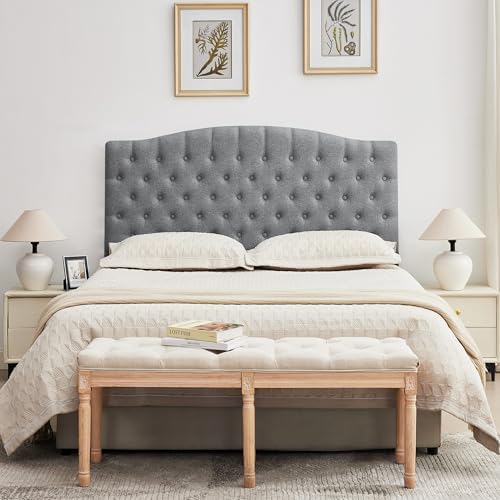 Tufted Tall Queen Size Headboard, Linen Button Diamond Headboards, Gray