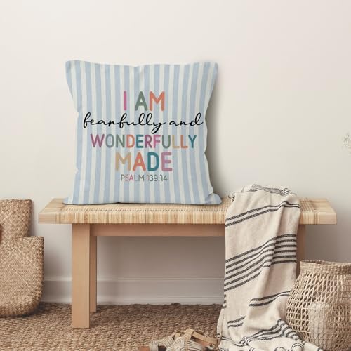 Boho Nursery Christian Throw Pillow Cover 18x18, Religious Bible Verse Inspirational Decorative Pillow Covers for Kids Boys Room Bedroom Playroom, Blue Striped Accent Pillows Cover Pillowcases