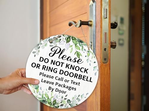 Please Do Not Knock Or Ring Doorbell Hanging Sign, Greenery Wooden Round Door Hanger For House Gate Fence Yard Front Door, Not Disturb No Soliciting Sign For Outdoor Porch -06
