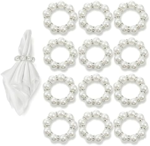 12 PCS Pearl Napkin Rings, White Napkin Rings Buckles for Table, Beaded Pearl Napkins Ring Holders for Wedding Table Decor, Formal Dinner