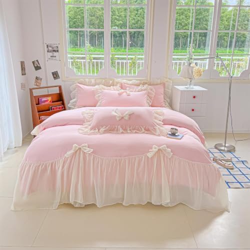 SOUKECHY Girls Lace Bedding,Pink King Comforter Cover Set, Chic Ruffled Duvet Cover with Lovely Bow,Princess Style 1 Duvet Cover with 2 Pillowcases, No Comforter-Pink,King Size