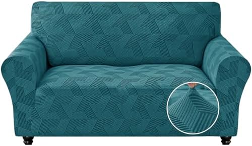 JIVINER 1 Piece Couch Cover for 2 Cushion Couch, High Stretch Loveseat Covers with Elastic Bottom, Washable Sofa Slipcovers for Dog, Pets Feature Geometrical Jacquard Fabric (Loveseat, Peacock Blue)