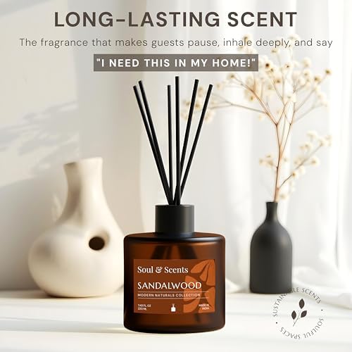 Soul & Scents 7.44 oz (220ML) Sandalwood Reed Diffuser Set with 6 Fiber Sticks|Stress Relief & Aromatherapy|Long-Lasting, Smoke-Free Air Freshener for Home, Bedroom & Office Decor|Ideal for Gifting