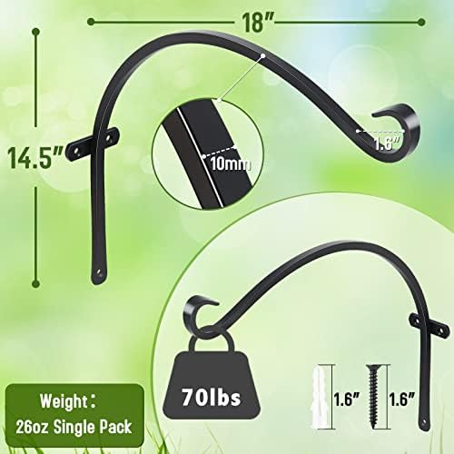FEED GARDEN Plant Hooks 2 Pack 18 Inch, Solid 8mm Steel Wall Mounted Hanging Brackets, 70 lb Rated, 1.6" Hook Opening, for Bird Feeders Baskets Wind Chimes, Indoor Outdoor