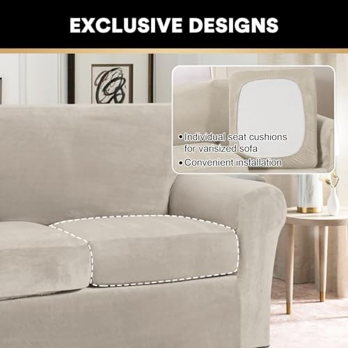 PrinceDeco Couch Cover Velvet Plush Sofa Covers for 2 Cushion Couch Width Up to 90 Inch Washable Furniture Protector Pet Friendly No Slip Sofa Slipcover(Medium-Large, French Oak)