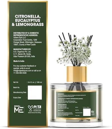 Majestic Pure Citronella, Eucalyptus & Lemongrass Reed Diffuser for Home, Bathroom & Office | Natural Aromatherapy Air Freshener with Reed Sticks & Dried Flower 3.4 fl oz