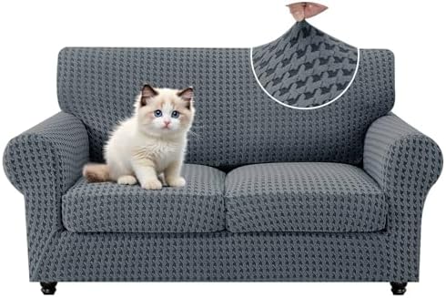 MAXIJIN 3 Pieces Stretch Sofa Covers for 2 Cushion Couch Loveseat Cover for Dogs Washable Love Seat Sofa Slipcovers Thick Soft Furniture Protector with Non Slip Strap (Dark Gray, 55"-69")