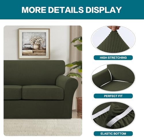 Turquoize 4 Piece Sofa Covers for 3 Cushion Couch Sofa Slipcover Soft Couch Cover for Dogs Washable Furniture Cover with 3 Individual Large Cushion Covers Feature Fabric (Large Sofa, Olive)