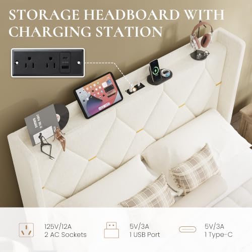 SHA CERLIN Queen Size Bed Frame with Storage Headboard & Charging Station