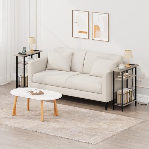 Vagusicc Narrow Side Table with Charging Station, Skinny Side End Table for Couch, 3-Tier Small End Tables for Small Spaces, 25.2" Tall Slim Nightstand Bedside Table for Living Room, Bedroom, Greige