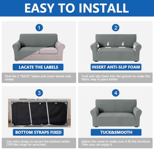MAXIJIN Waterproof Loveseat Cover Couch Covers (55"-69"), Stretch Love Seat Sofa Slipcovers with Non Slip Elastic Bottom, Dog Pet Friendly Furniture Protector Washable (Medium, Light Gray)
