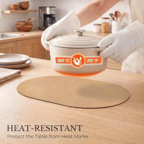 MOSAYT Vinyl Faux Leather Oval Placemats, Set of 6, Camel