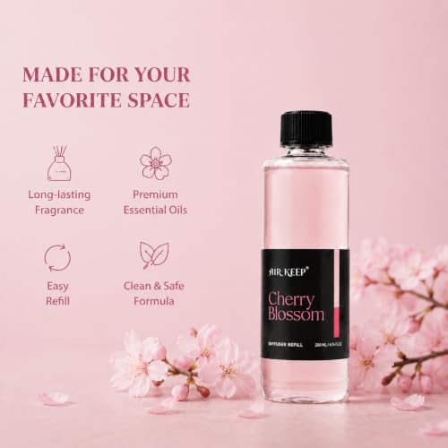 Airkeep Cherry Blossom Reed Diffuser Refill – 6.76 fl oz – Premium Scented Oil for Home Aromatherapy – Long-Lasting Fragrance for Reed Diffusers – Perfect for Bathroom, Bedroom & Home Decor