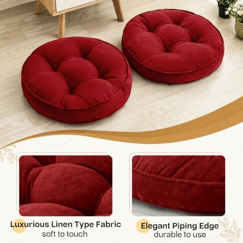 MIDDLE ONE Floor Pillow Set of 2, Memory Foam Cushion 22x22 – Round, Red