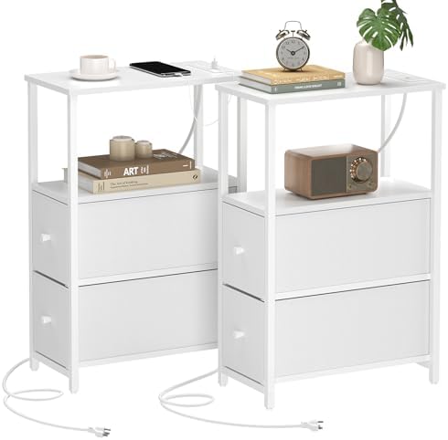 TUTOTAK Narrow End Table with Charging Station, Skinny Side Table