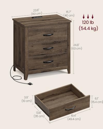 VASAGLE 23.6‑Inch Farmhouse Nightstand with Charging Station, 3 Drawers