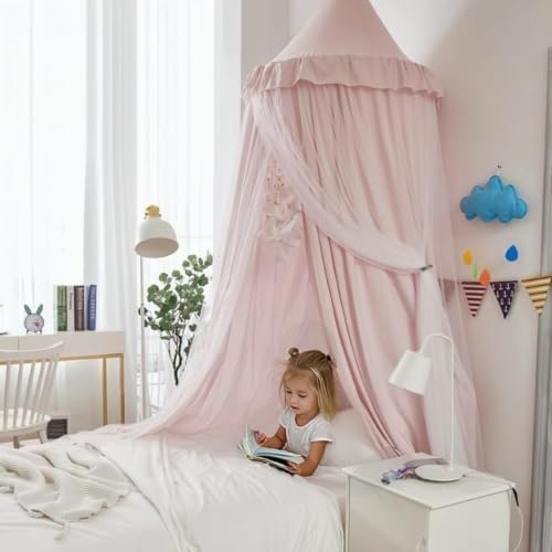 Pink Girls Bed Canopy,Star‑Light Double‑Layer Mosquito Net,Reading Nook