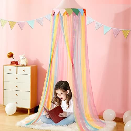 LOAOL Bed Canopy for Kids, Girls Room Decor, Rainbow Gradient Mesh Net