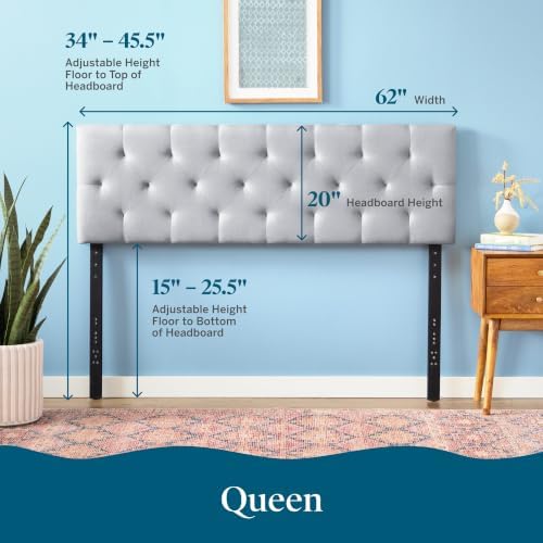 LUCID Mid-Rise Upholstered Headboard, Diamond Tufted, Stone, Queen Size