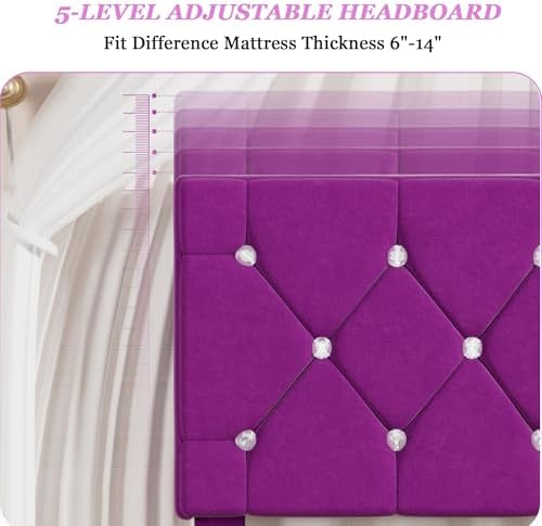 VECELO Twin Size Bed Frame with Diamond Tufted Headboard, Upholstered Platform Bedframe with Wood Slat Support, No Box Spring Needed, Royal Purple