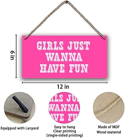 Hot Pink Preppy Girls Just Wanna Have Fun Printed Wood Plaque Sign Wall Hanging,Trendy Preppy Hanging Wall Signs for Girls Room College Dorm Bachelorette Party Decor 12 x 6 Inches