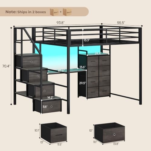 Full Size Loft Bed with Desk, Storage Stairs, LED Lights, Grey
