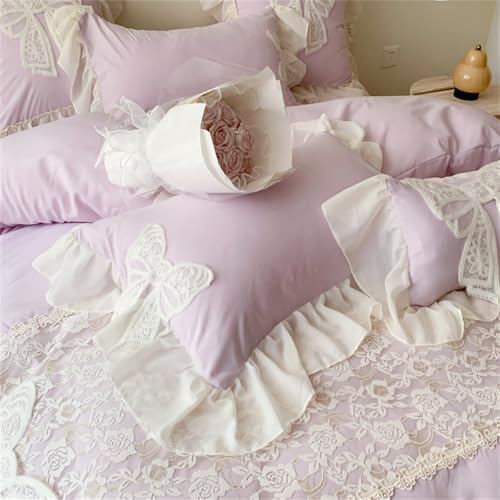 MOOWOO Lovely Bow Chic Duvet Cover Set- Ruffle Lace Polyester Comforter Cover -Girl French Princess Style Bedding-2 Piece Twin Duvet Cover with Zipper Closure-No Comforter-Purple,Twin Size