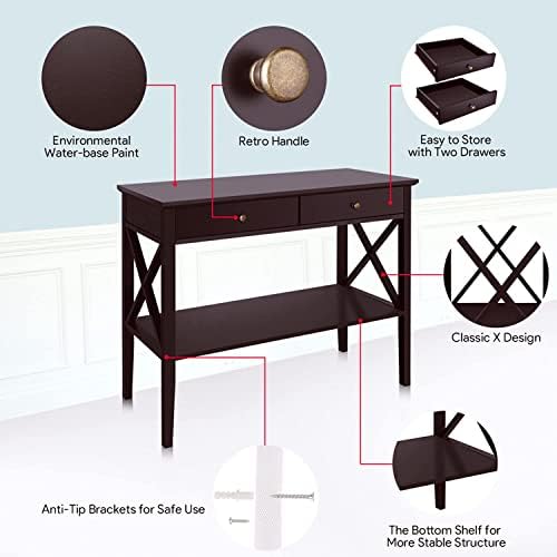 ChooChoo Oxford Console Table with 2 Drawers, Sofa Table Narrow for Entryway, Espresso